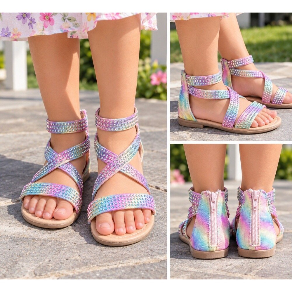 SO Girls Size 1 Rainbow Rhinestone Gladiator Sandals Back Zip Sparkle